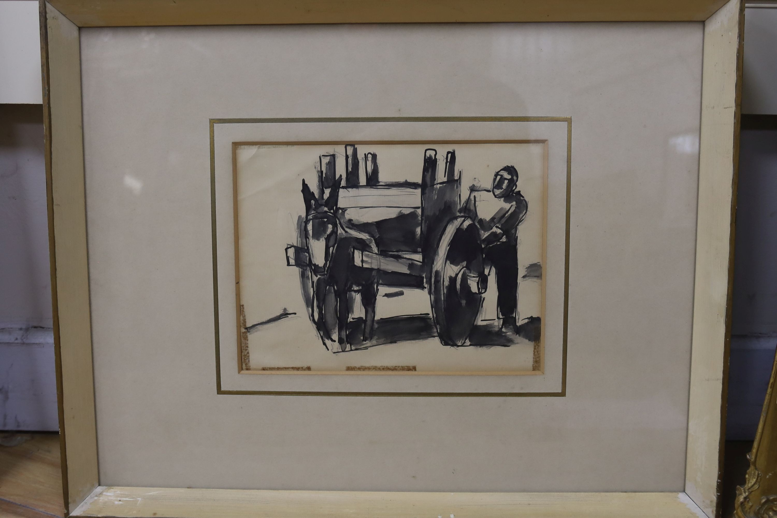 Josef Herman (1911-2000), pen and wash. 'The Cart Driver', with original bills of sale from Roland, Browse & Delbanco verso, 17 x 22cm